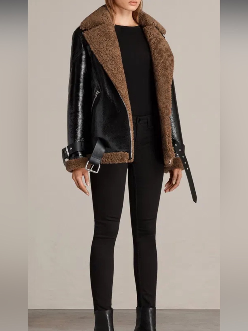 All Saints Black Leather Jacket with Brown Shearling Trim